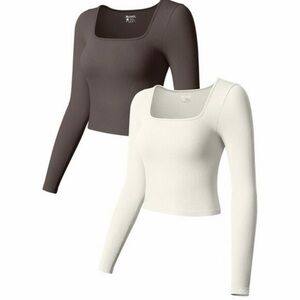 OQQ Seamless Ribbed Long Sleeve Layer Top - Pack of 2 BROWN&CREAM